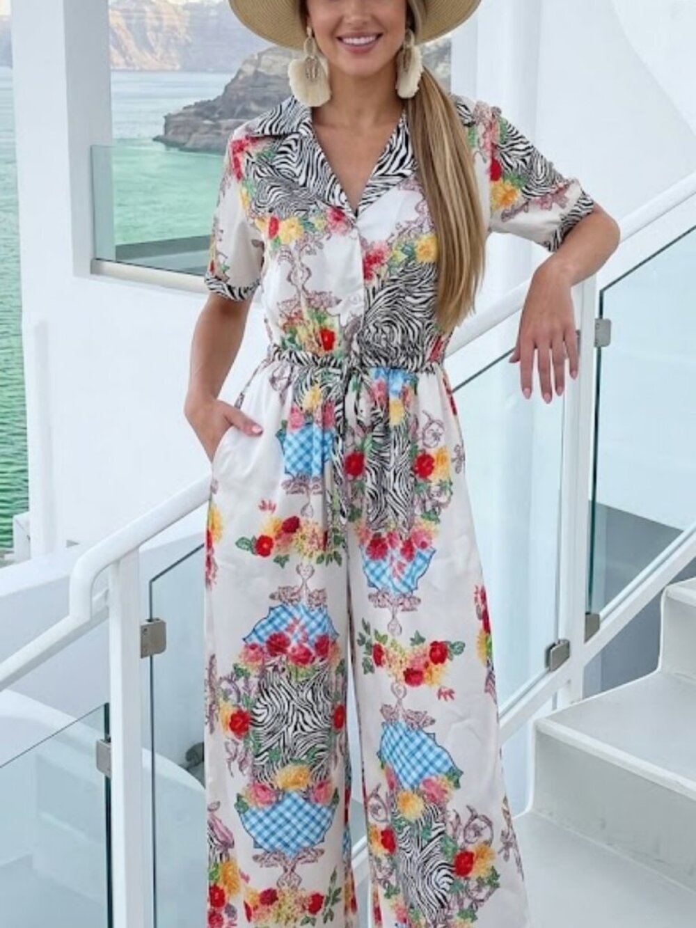 NWT ENDLESS MOON Jumpsuit SATIN Zebra Floral Wide-Leg Collar Drawstring Size S